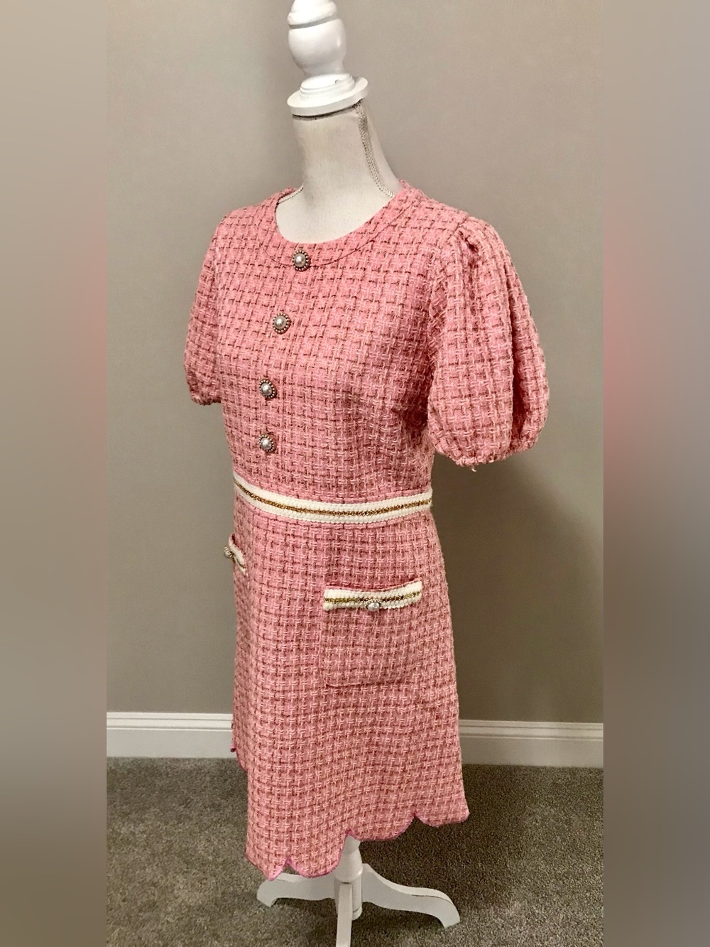 Simply Southern Pink Tweed Dress with Pearl Buttons - Picture 3 of 6